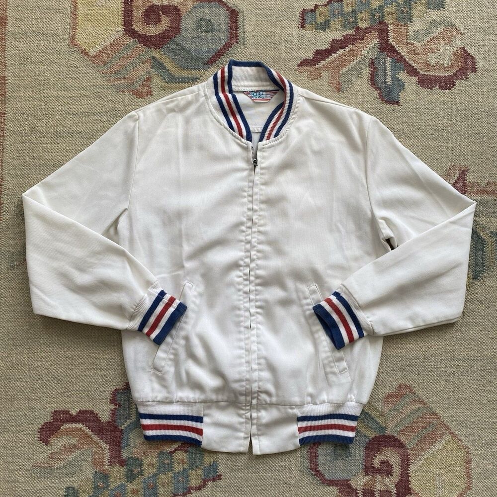 70s Sears Track Jacket Vintage Small 38 Chest White Red Blue Cotton Blend Put On